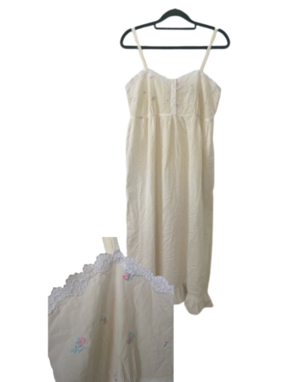 Laura Ashley vintage butter yellow lace trim button down embroidered nightgown L